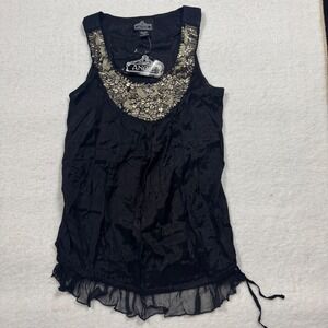 NEW Angie Black Sequin Embellished Ruffle Sleeveless Tank Top Size L‎ Boho Y2K